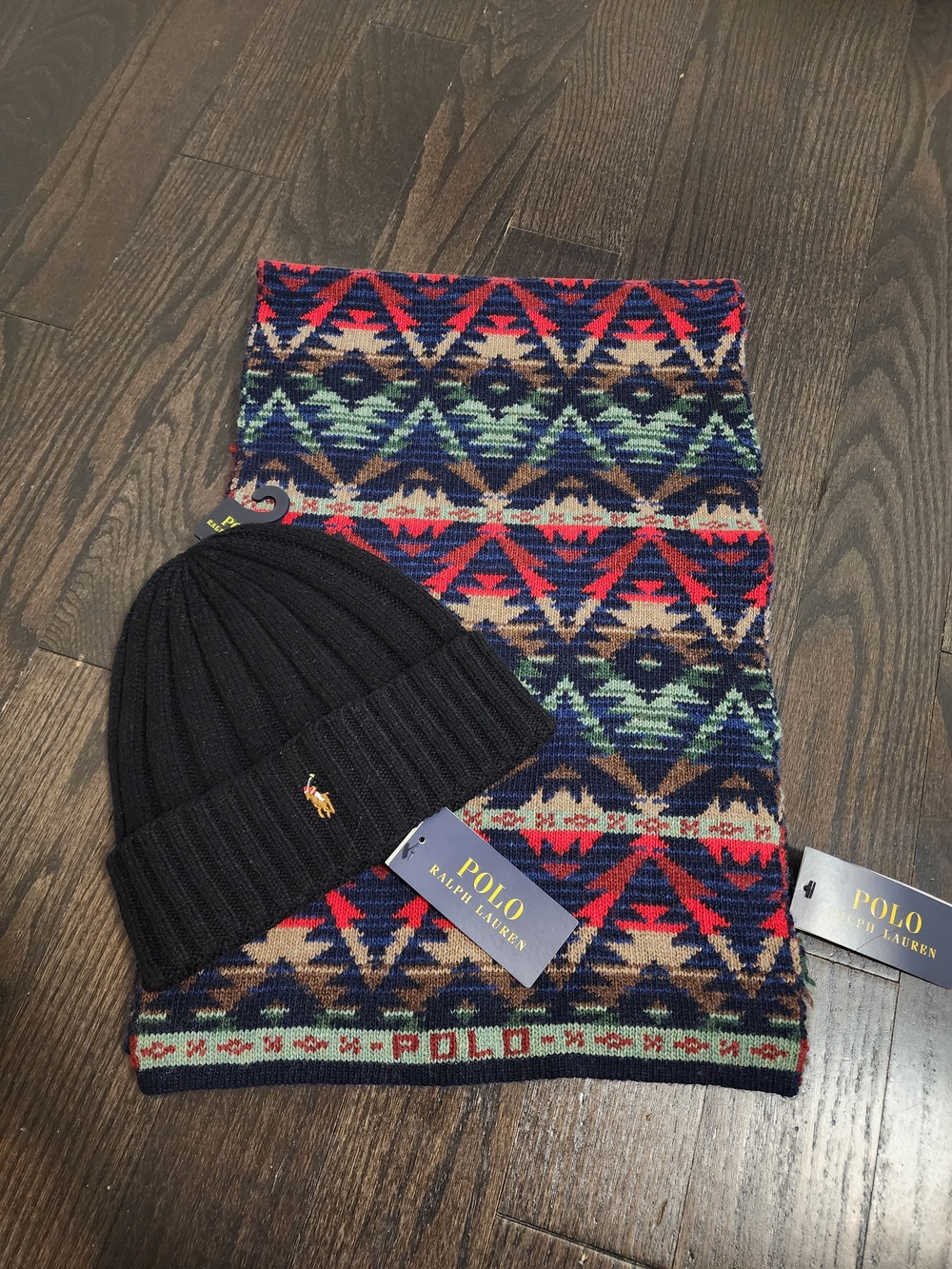 Polo by Ralph Lauren Navy Ribbed Beanie & Multicolor Geometric Neck Warmer Set